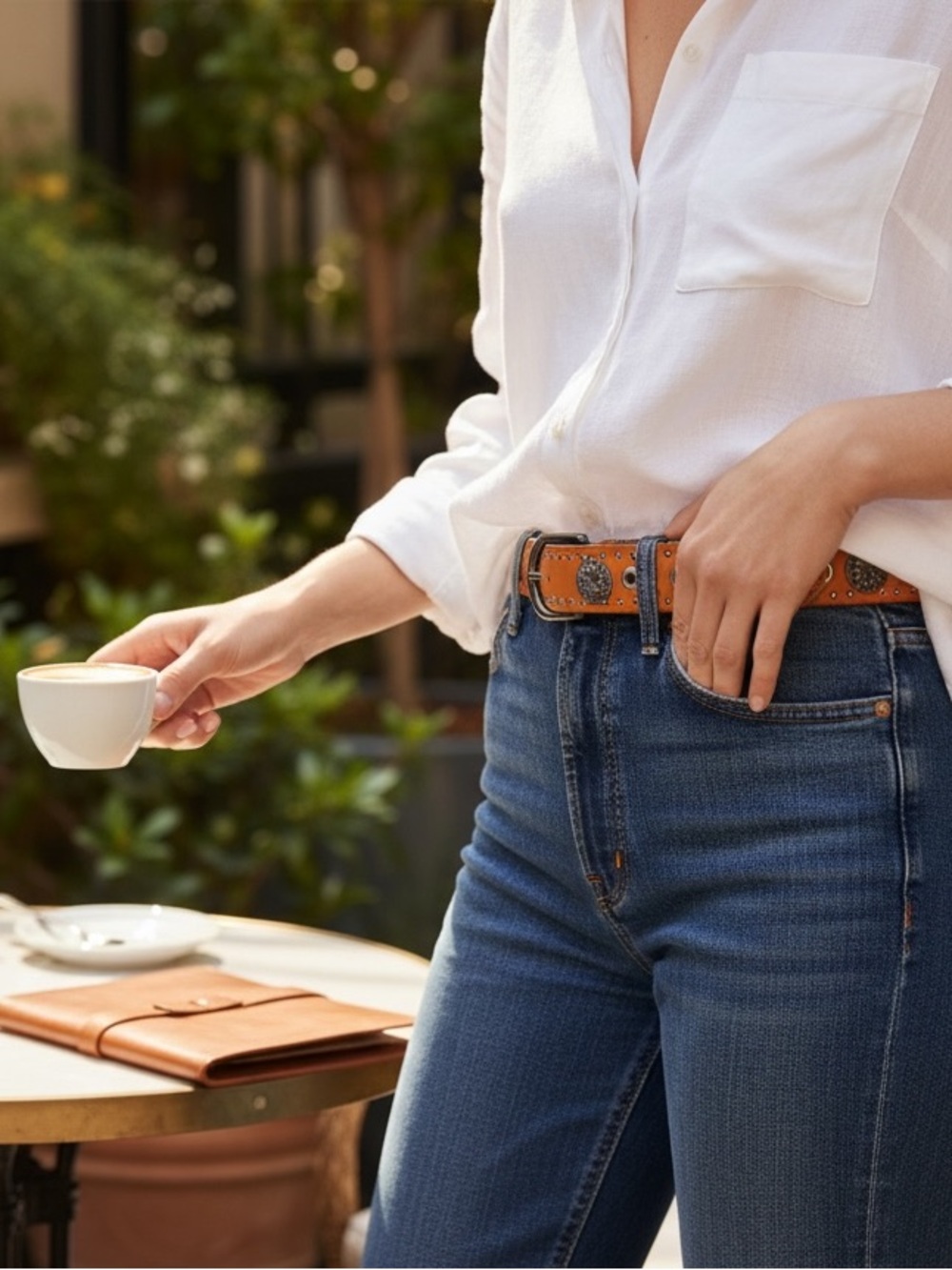 Western-Style Brown Leatherette Belt With Metal Conchos Studs & Eyelets
